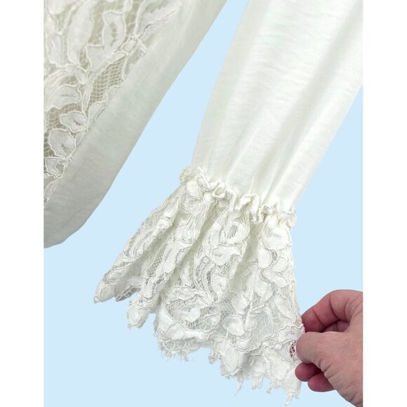 CHICO'S LS LACE FRONT BELLE SLEEVE BUTTONDOWN BLOUSE TOP - SMALL, 0 - Picture 3 of 5